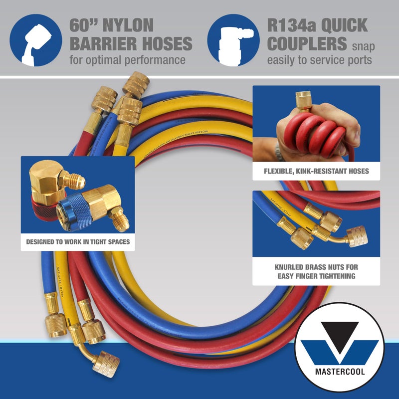 Mastercool 89660-PRO5 Automotive R134a 2-Way Manifold Gauge Set with 3-in-1 Can Tap Valve â€“ U.S. Designed, Assembled, and Tested â€“ Includes 60" Hoses and R134a Couplers - Image 5